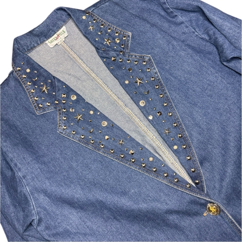 Green Field Studded Denim 90s Vintage Celestial Jacket - Picture 9 of 14